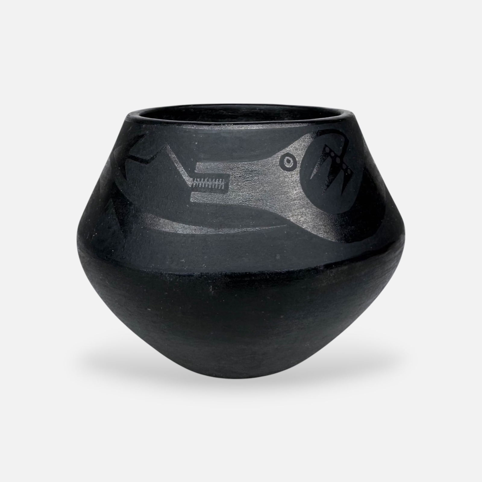 Marie Martinez Native American Indian San Ildefonso Pueblo Black on Black Pottery Vessel: Ca. first quarter 20thC. Rare and excellent. Signed on bottom. Fine and original age-appropriate condition with no chips, cracks, or repairs. Early classic decoration.