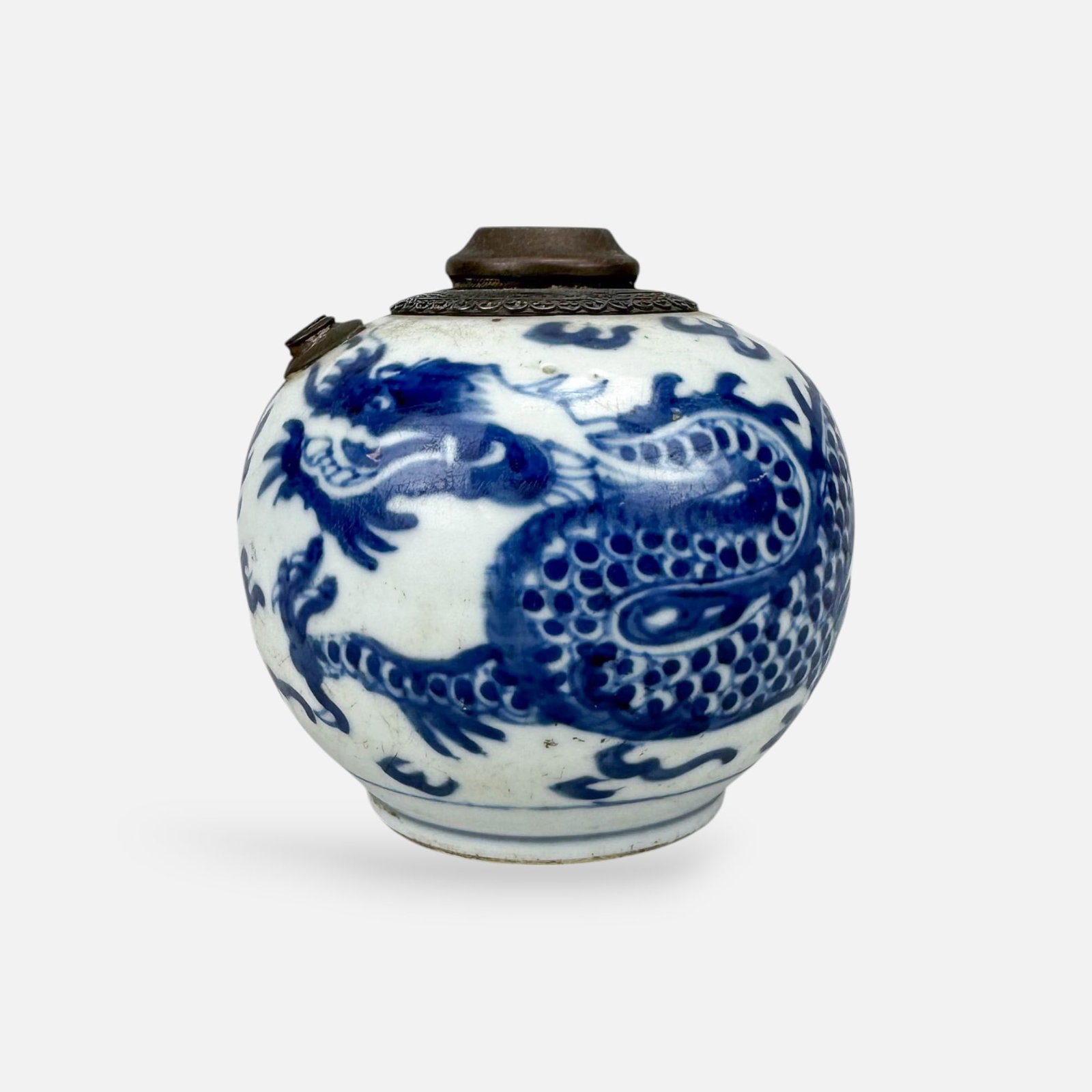 Antique Chinese Qing Blue and White Opium Vase Pipe w/Mixed Metal Mount: Antique Chinese Qing Dynasty Blue and White Opium Vase/Pipe w/Mixed Metal Mount. With minor surface discoloration/wear. No chips, cracks, or repairs.