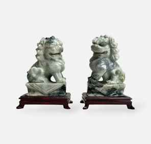 Pair Antique Chinese Carved Variegated Soapstone Foo Dog Sculptures w/Wood Bases