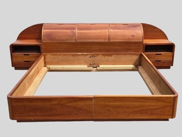 Mid Century Modern Style Walnut Custom Bed Frame w/Built in Bedside Tables & Storage