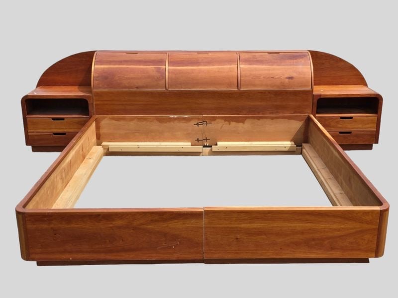 Mid Century Modern Style Walnut Custom Bed Frame w/Built in Bedside Tables & Storage: Good, with minor age-appropriate surface wear. Marked as shown. Interior dimensions approx. 82" deep by 80" wide.