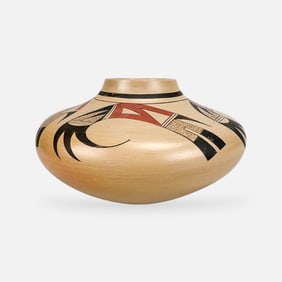 Dianna Tahbo Native American Hopi-Tewa Pottery Vessel Low Bowl Vase