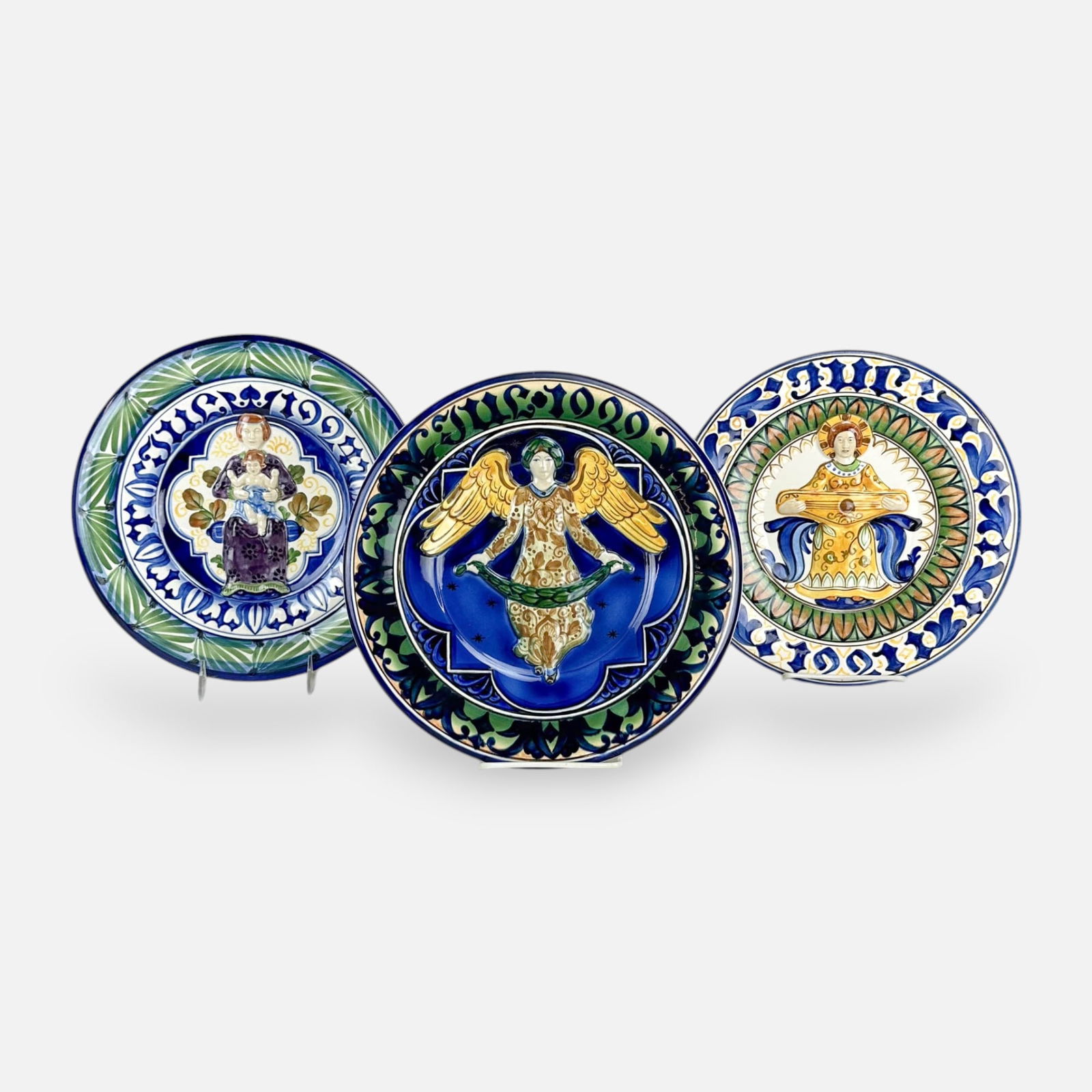 Three Royal Copenhagen Faience Porcelain Christmas Year Plates 1921, 1924, 1929: Ca. first half 20thC. Very good, with no chips, cracks, or repairs. Shows very minor age-appropriate surface abrasions.