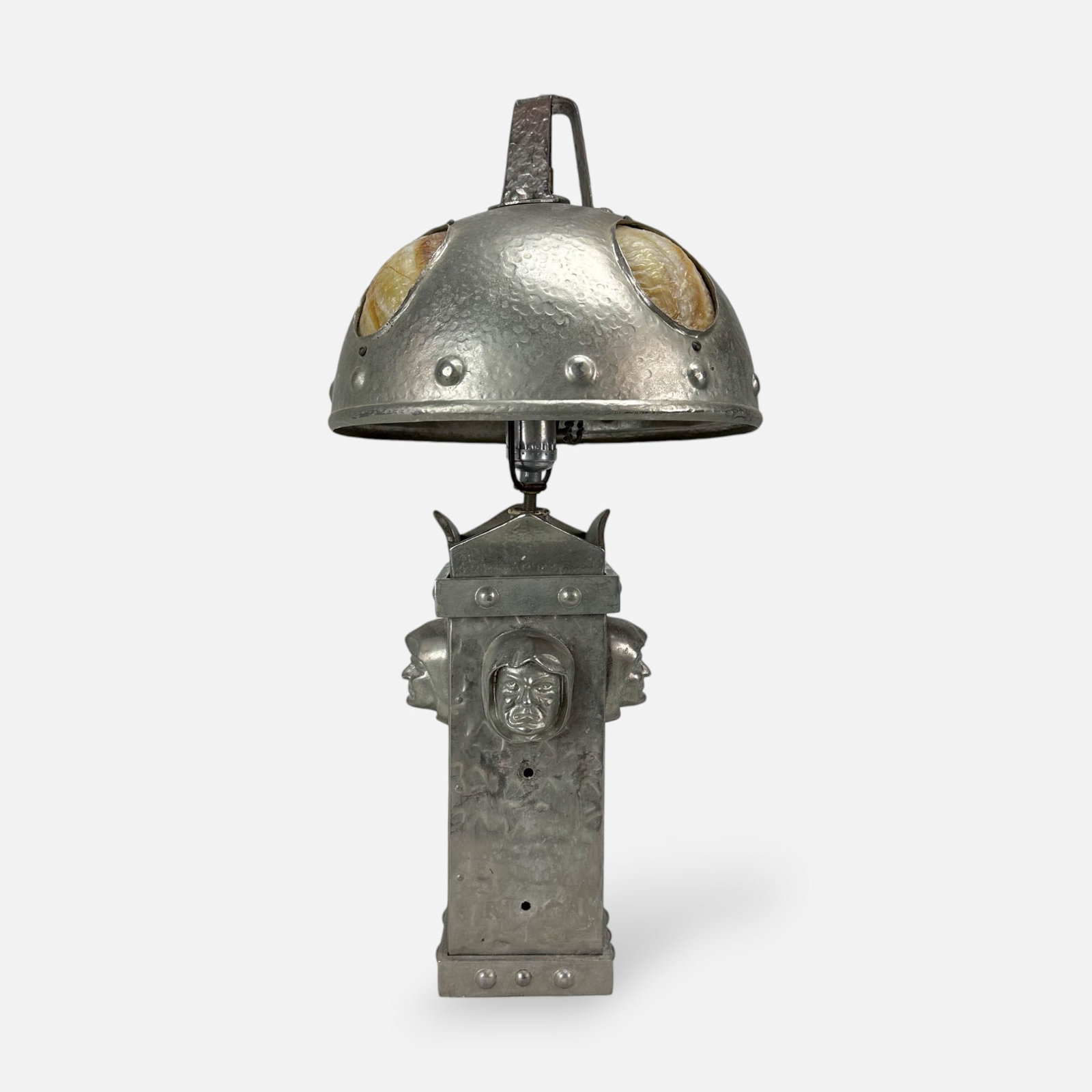 Antique Hand Hammered Metal and Stained Glass Arts and Crafts Table Lamp for Parts: Ca. first quarter 20thC. Looks like pewter, however this metal is much stronger than pewter. Perhaps a nickel-steel alloy. Apparently not signed. Needs to be reconstructed, right now this lamp is in s