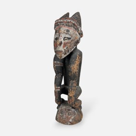 Tribal Papua New Guinea Sepik River Carved and Painted Wood Kneeling Figure Sculpture