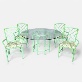 Faux Bamboo Painted Metal Indoor/Outdoor Chinese Chippendale Style Table and Armchairs