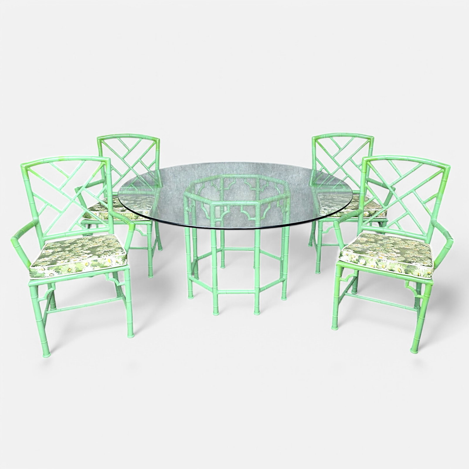 Faux Bamboo Painted Metal Indoor/Outdoor Chinese Chippendale Style Table and Armchairs: Good overall, with minor surface paint loss, tabletop free from any bites. Chairs measure approx. H: 36", W: 22", D: 19".