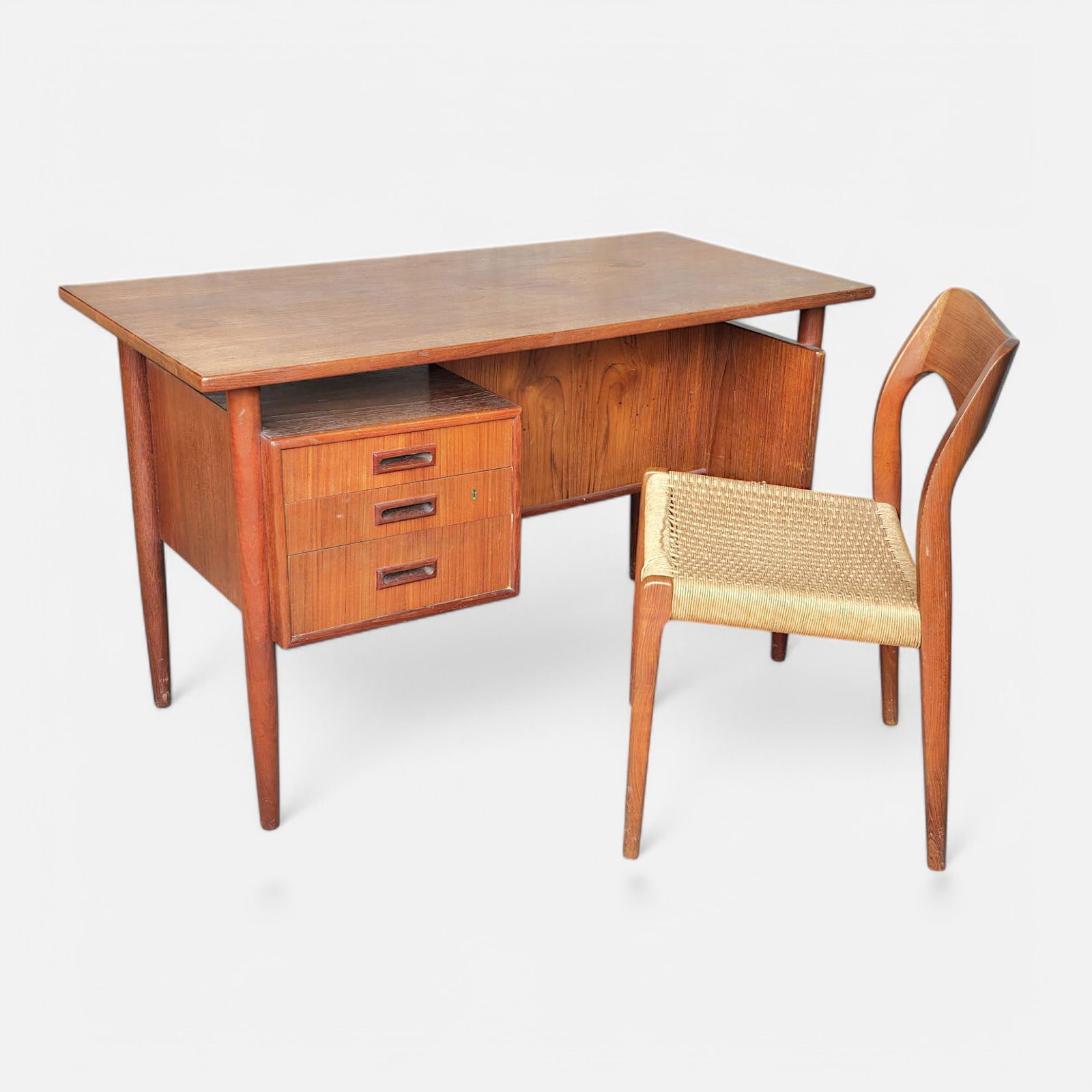 Kai Kristiansen Style Danish Modern MCM Teak Floating Executive Desk & Niels Otto Moller Style Chair: Chair measures approx. 19" x 23" x 14 1/2". Good age-appropriate condition, with shown minor surface scuffs, scratches, and discoloration (notably to desktop). Chair good with minor scuffs and scratch