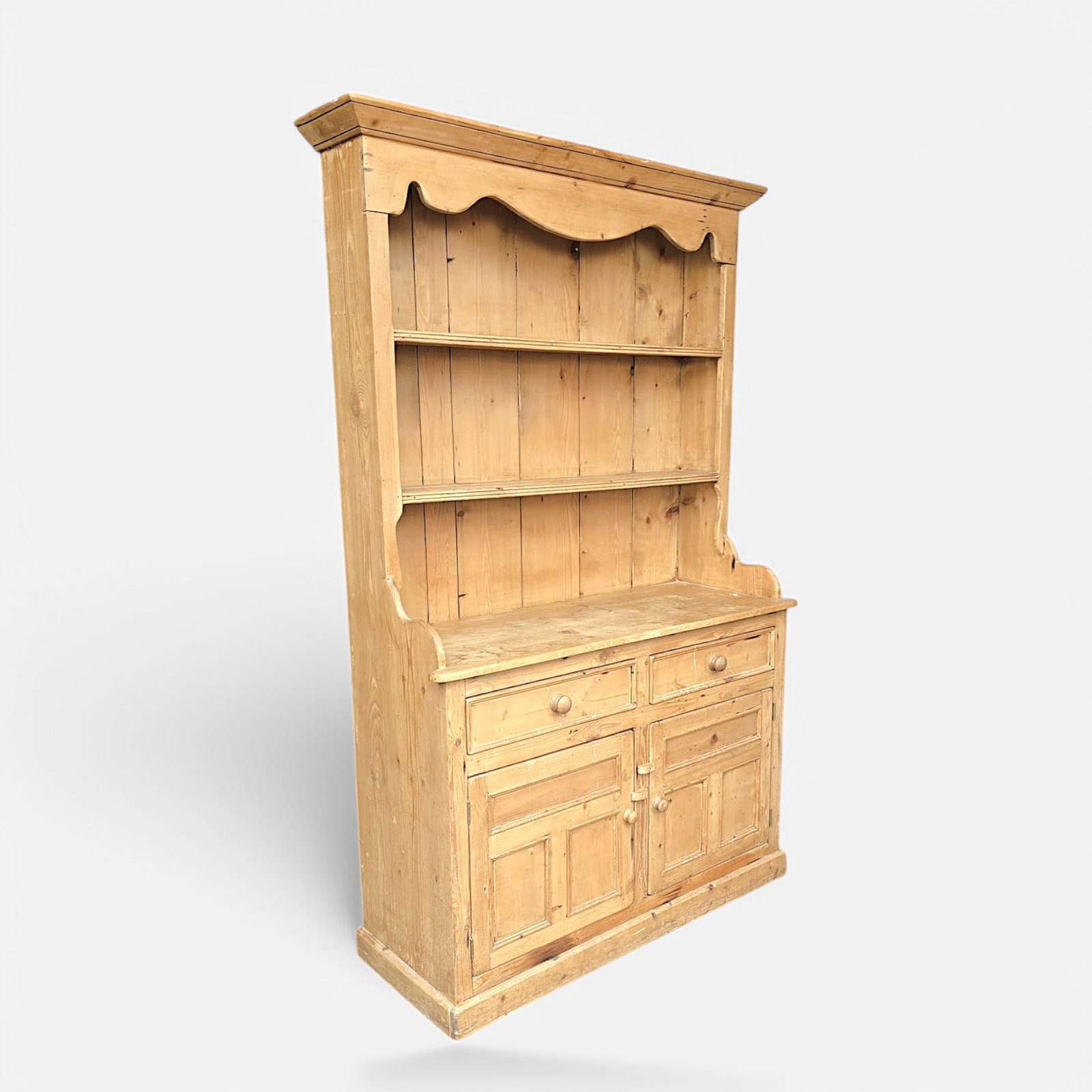 Antique Scrubbed Pine Stepback Cupboard Two-Drawer Two-Drawer Hutch: Good age-appropriate condition, please enlarge photos for a better idea of condition specifics.