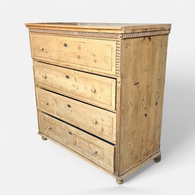 Antique Carved Scrubbed Pine Four-Drawer Chest of Drawers