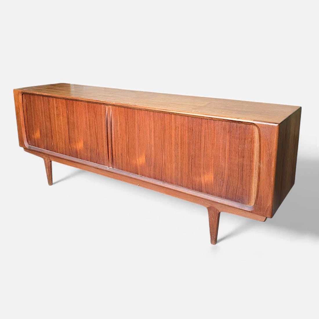 Bernhard Pedersen Danish Modern MCM Teak Tambour Door Credenza Sideboard: Good overall, with shown moderate surface staining and water drops, age-appropriate scuffs/scratches. Sides and front much better. No breaks or repairs. Doors in very good condition. Will need oil or