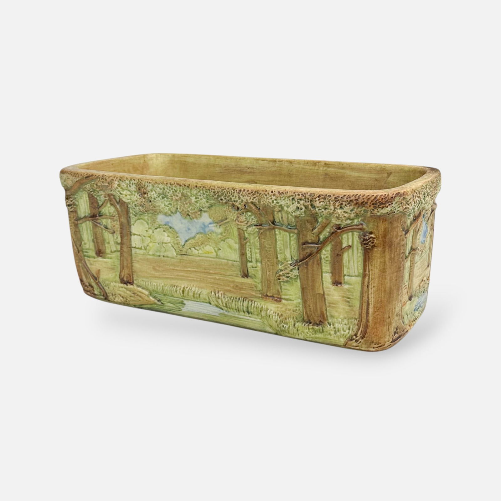 Weller Art Pottery Forest Pattern Large Rectangular Window Planter: Ca. first quarter 20thC. Very good with no chips, cracks or repairs. Needs cleaning. Crazing as typical throughout.