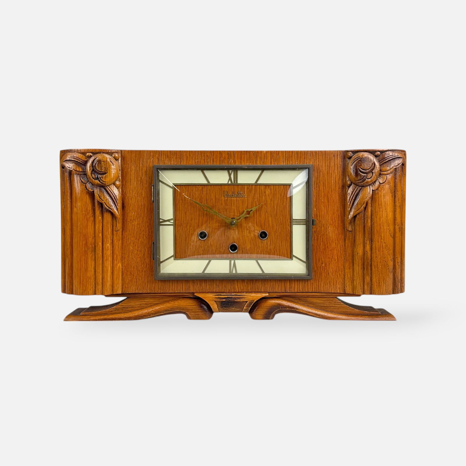 Genuine French Vedette Art Deco Chiming Wood and Metal Mantel Clock: Very good as shown in photos, with minor surface abrasions to either side of top of clock as shown. Appears to be in fine working condition, however with all mechanical clocks, this is not guaranteed