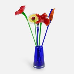 Beranek Mid Century Modern Czech Art Glass Flower Bouquet and Vase