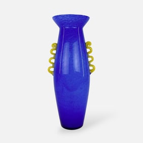 Large Contemporary Italian Cased Art Glass Blue & Yellow Flower Vase