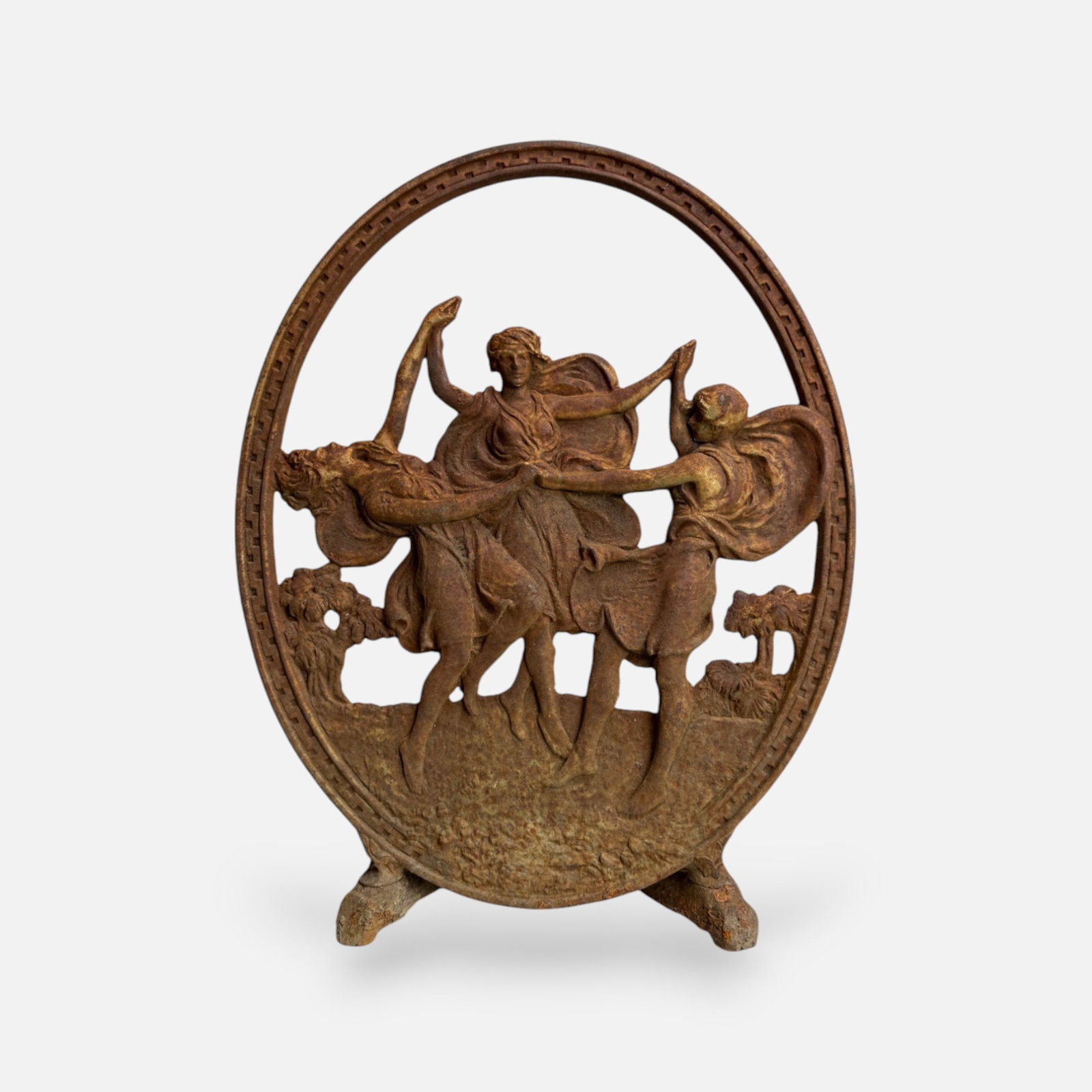 Old Art Deco Cast Iron Oversized Round Door Stop: Ca. 20thC. No traces of paint remain, as this was kept outside. It does, however, exhibit overall rust. Appears free from any major breaks or repairs.