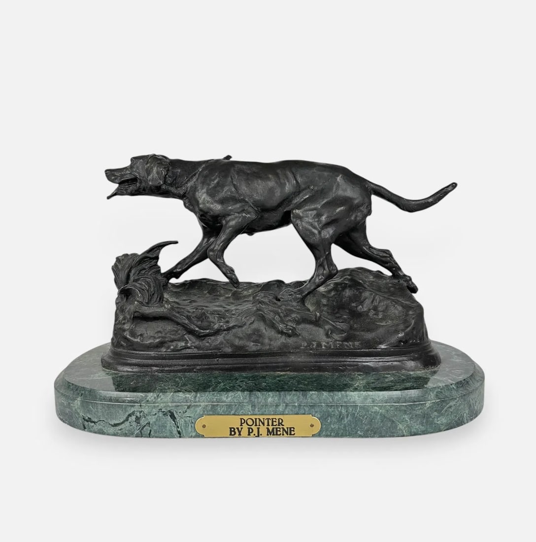 Pierre Jules Mene (After) "Pointer" Bronze Sculpture on Marble Base: Good as shown, would benefit from cleaning. Signed PJ MENE as shown.