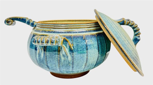 Vintage Ballston Lake Modernist Art Pottery Blue Handled Bowl and Ladle With Lid