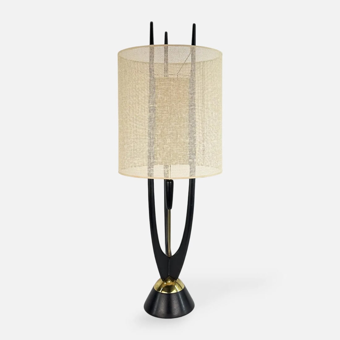 Tall Mid Century Modern Modeline Black Wood and Brass MCM Table Lamp: Very good as shown in photos. Larger shade measures approx. 17" x 15".