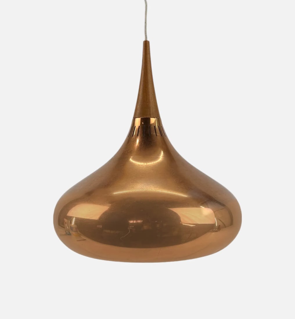 Jo Hammerborg for Fog and Morup "Orient" Copper MCM Pendant Hanging Lamp: Jo Hammerborg for Fog and Morup "Orient" Copper Pendant Hanging Lamp. See dings to one side of shade. Otherwise good, with minor scratching.