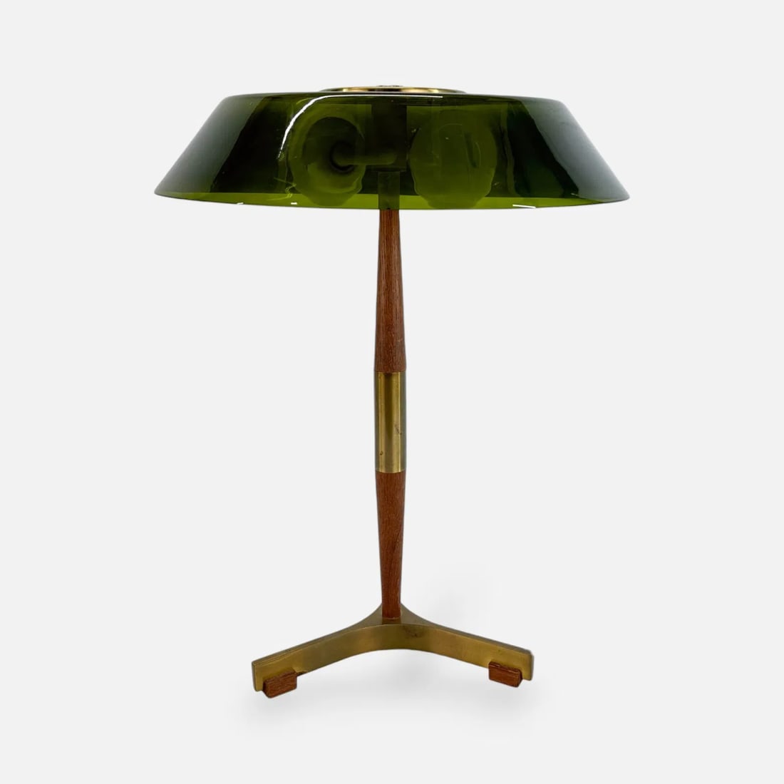 Jo Hammerborg for Fog & Morup Teak, Brass & Olive Green Glass Danish MCM Table Lamp: Good as shown in photos, with damage to one teak foot, glass free from any breaks or repairs. Approx. 17 1/2" to top of finial. Approx. shade size 2 1/2" x 13".