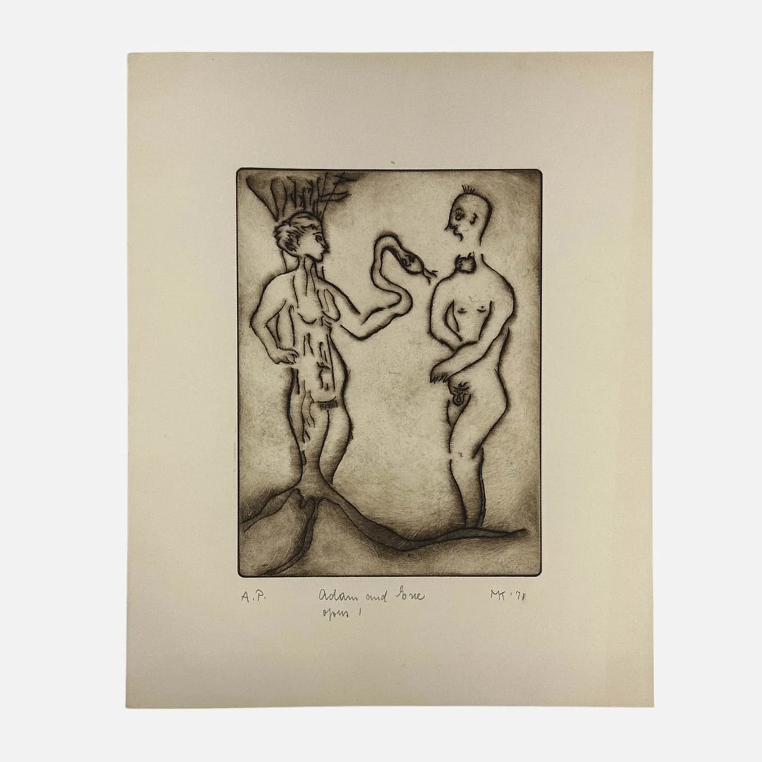 Marian Korn "Adam and Eve Opus 1" 1971 Artist Proof Drypoint Print: Pencil signed, titled, dated, and editioned "A.P." below image. Approx. image size 9 1/4" x 7".