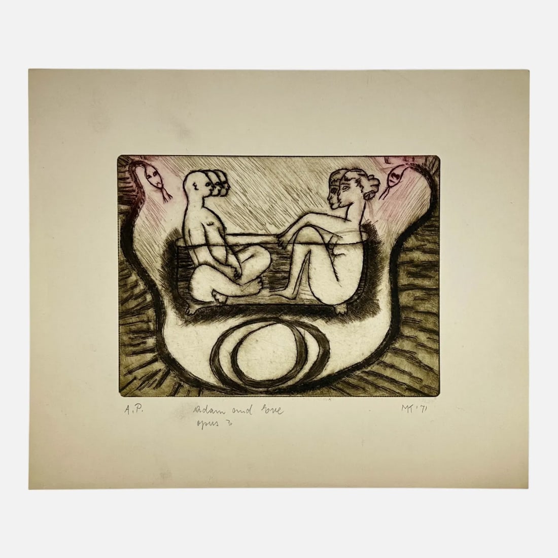 Marian Korn "Adam and Eve Opus 3" 1971 Artist Proof Drypoint Print: Pencil signed, titled, dated, and editioned "A.P." below image. Good condition as shown, with very minor creasing, free from tears or rips. Approx. image size 7" x 9 1/4".