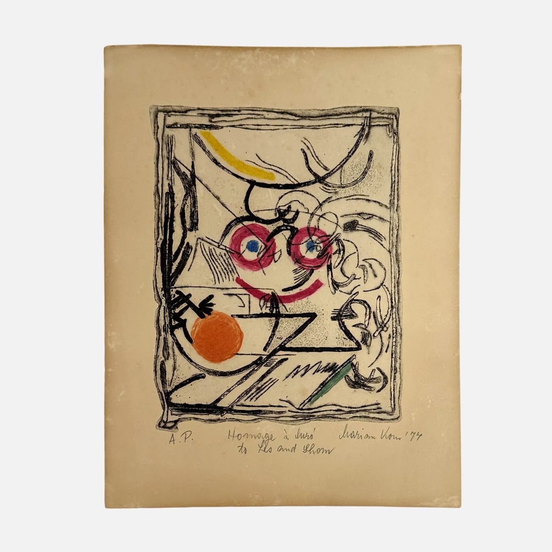 Marian Korn "Homage a Miro" 1974 Artists Proof Drypoint Print: Pencil signed, titled, dated, and editioned "A.P." below image. Approx. image size 8 3/4" x 7". Toned as shown, foxing, minor surface paper issues enlarge photos (not impacting image).