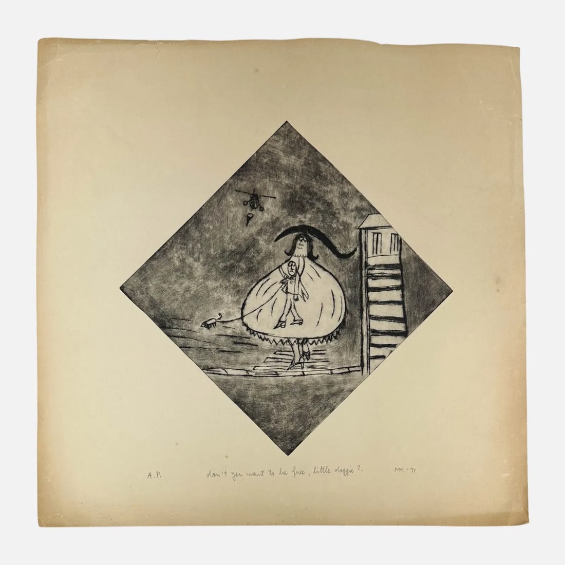 Marian Korn "Don't You Want to be Free, Little Doggie?" 1971 Artists Proof Drypoint Print: Pencil signed, titled, dated, and editioned "A.P." below image. Approx. image size 13" x 12 3/4". Good as shown, with toning, foxing, and shown corner creases.