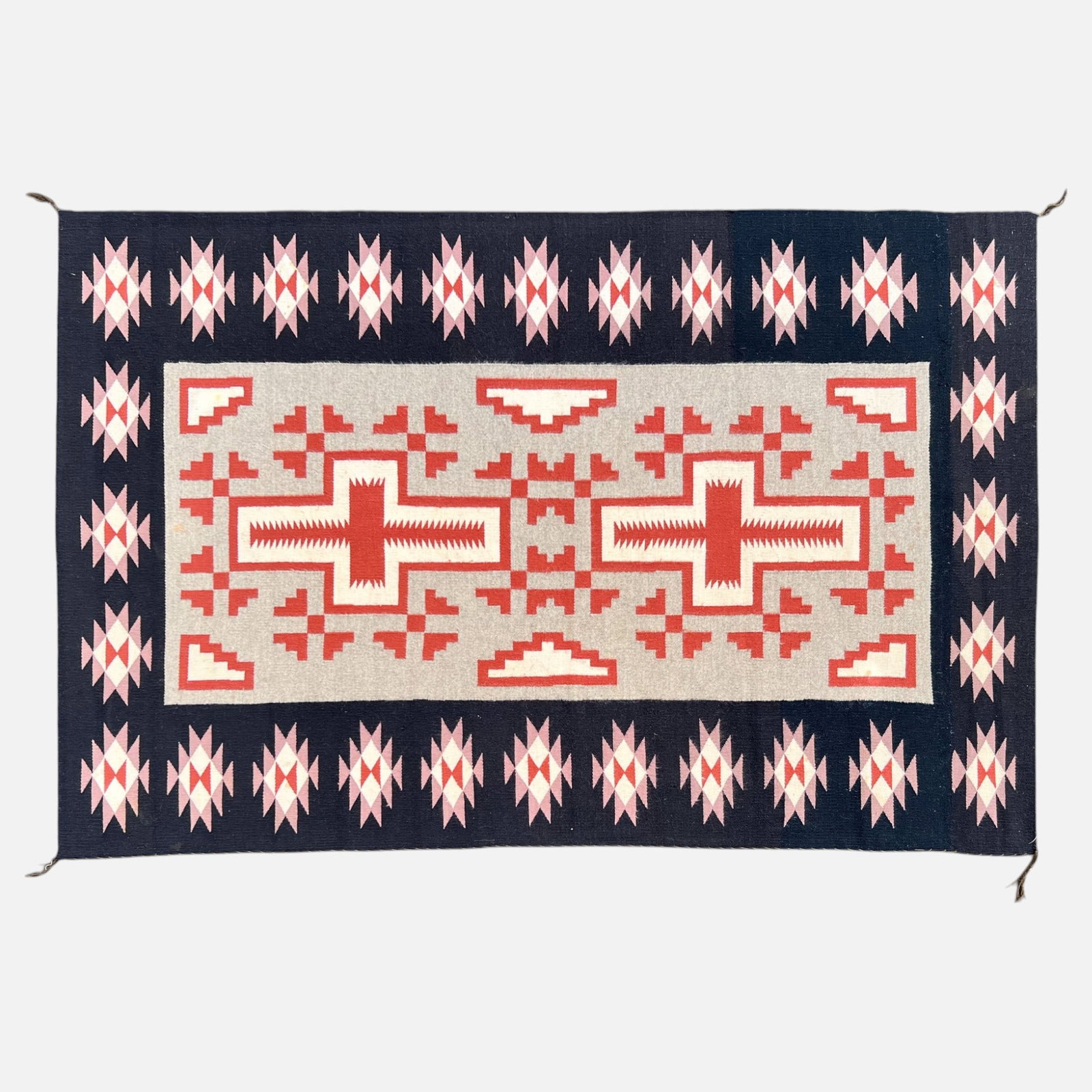 Vintage 20thC Native American Navajo Blanket Rug #1: Good overall age-appropriate condition, with shown edge loss, duct tape residue to one side (see final few photos).