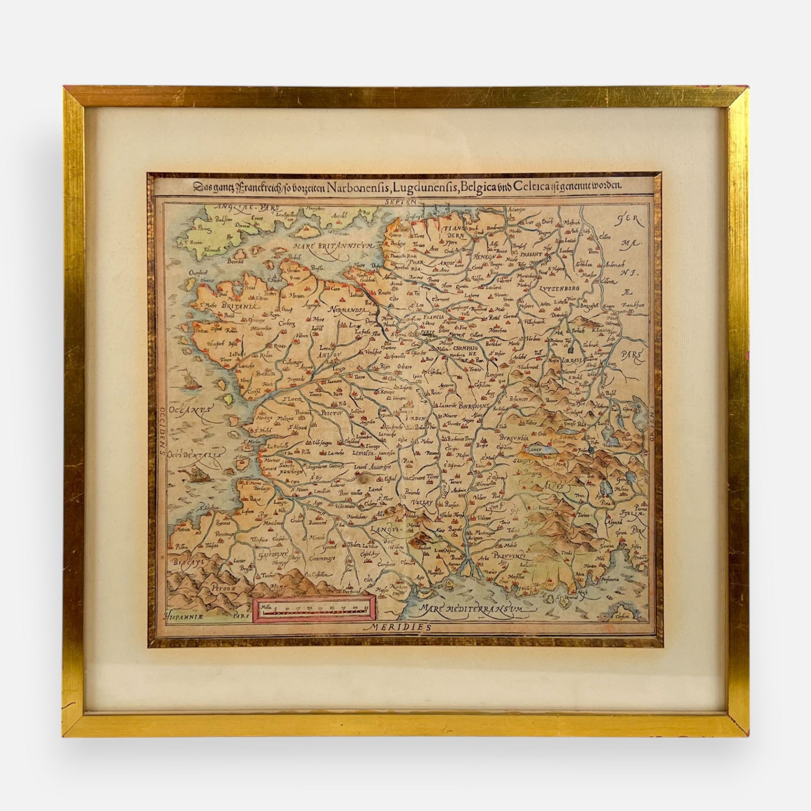 Sebastian Munster Antique 16thC Framed Map of France: Framed, matted, and sealed. Unexamined out of frame. Approx. sight size 12 1/2" x 14". Good age-appropriate sight condition, some mild foxing, central lower left stain/burn the size of a pencil eraser
