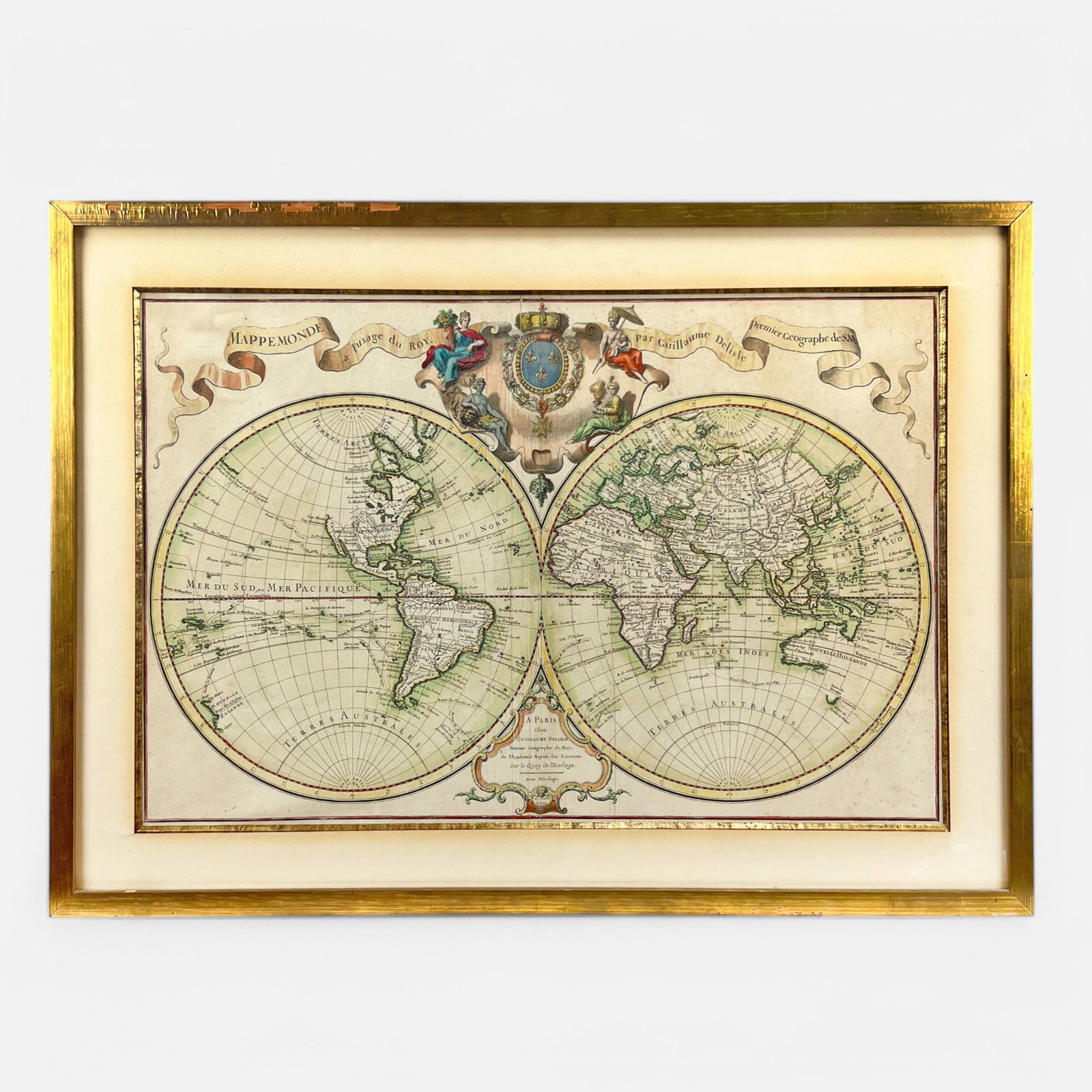 Guillaume Delisle Antique 18thC Framed Map of the World: Framed, matted, and sealed. Unexamined out of frame. Approx. sight size 17 1/2" x 26". Good sight condition as shown, with some foxing and toning.