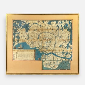 Antique Japanese Edo Framed Woodblock Map of Tokyo