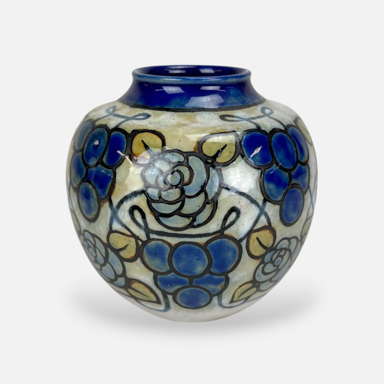 Royal Doulton Stoneware Art Nouveau Arts and Crafts Vase by Minnie Webb: Good age-appropriate condition. Surface discoloration, few glaze imperfections, such as glaze "blister" to the center of one of the grape motifs. Free from any chips, cracks, or repairs.