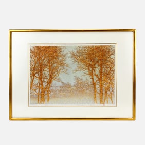 Hajime Namiki "Tree Scene 81" Japanese Woodblock on Foil Framed Print