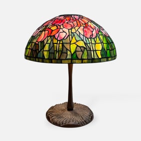 Antique Tiffany Style Leaded Glass Tulip Table Bronze Base Lamp