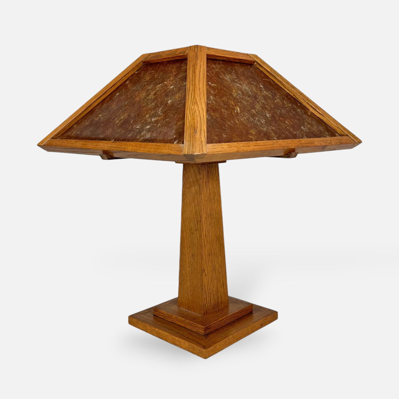 Levenger Arts & Crafts Mission Style Mica Copper Table Lamp: Very good as shown. Marked on base. Shade measures approx. 8" x 18". Base measures approx. 17 1/2" to socket and 17" wide.