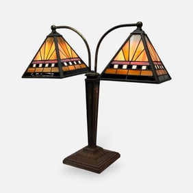Mission Style Leaded Glass Double Table Lamp in the Manner of Tiffany