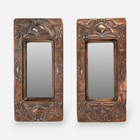 Pair Small Art Nouveau Repousse Copper Matched Wall Mirrors