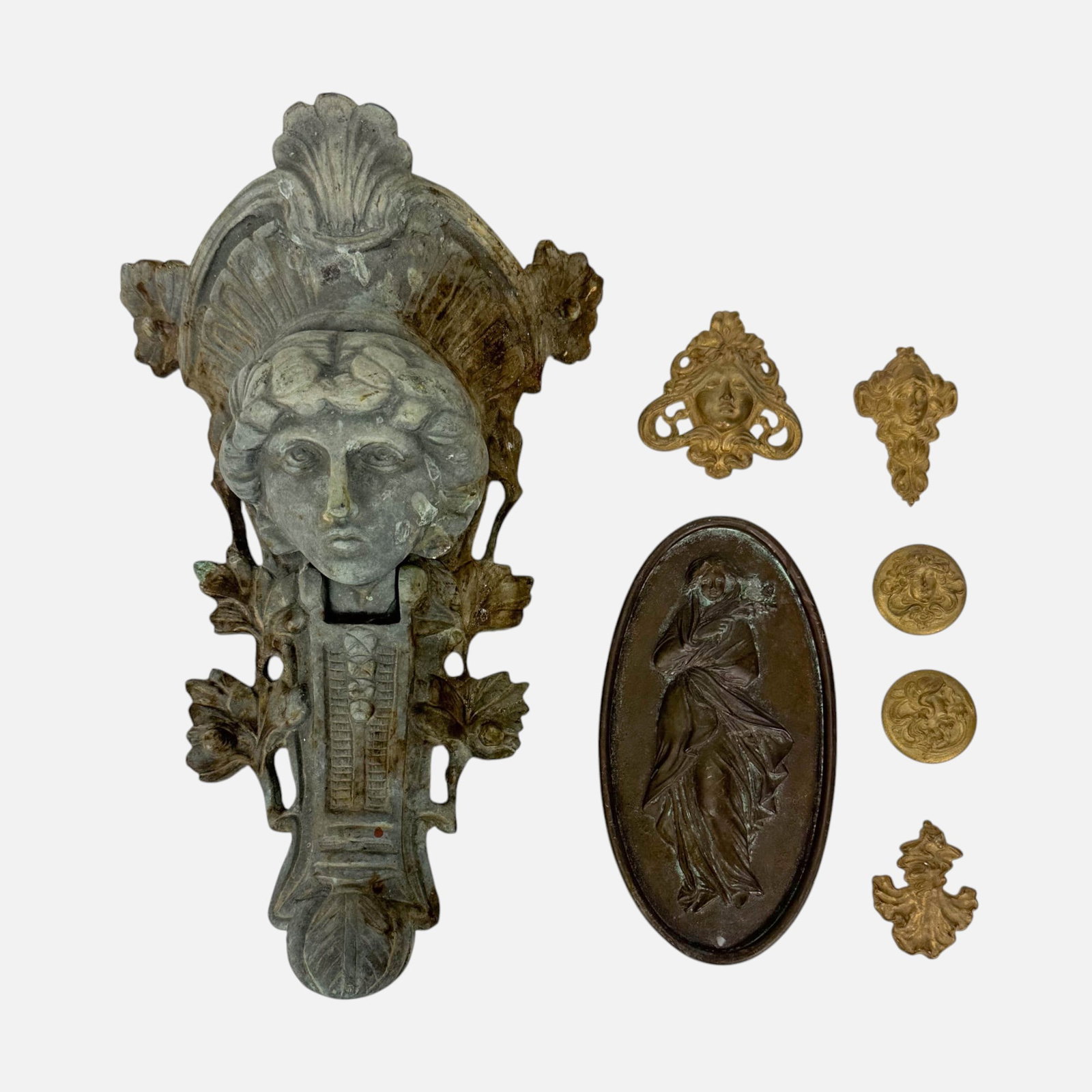 Antique Architectural Building and Furniture Decorative Metal Elements: Total seven pieces. Largest piece measures approx. 10 3/4" x 7" x 3 3/4". Smallest pieces measure approx. 1 1/4'".