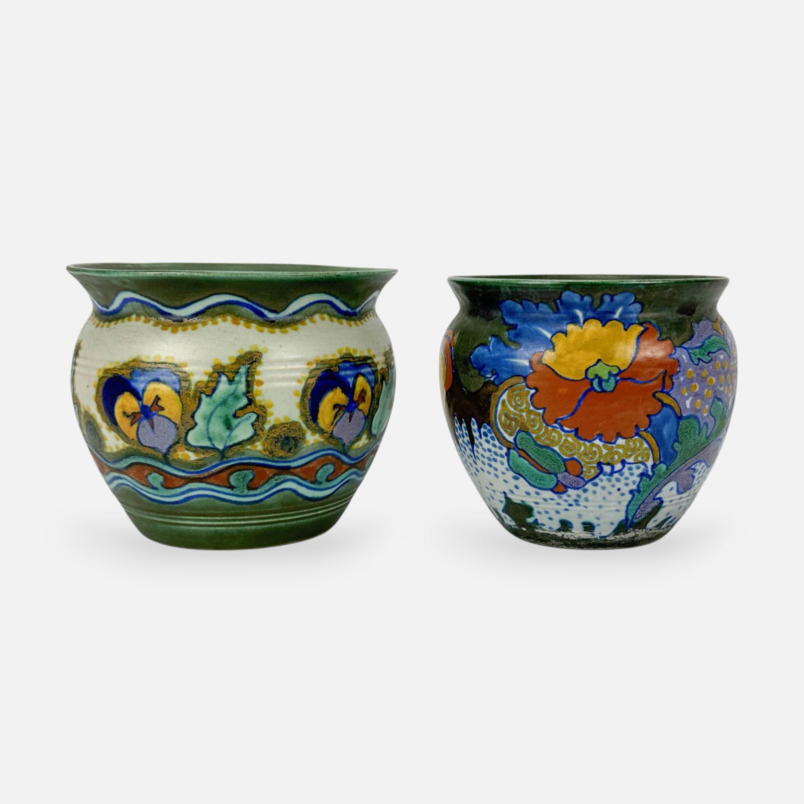 Two Gouda-Zuid Holland Jardiniere Dutch Art Pottery Vases: Ca. early 20thC. Good age-appropriate condition as shown. Appear free from any chips, cracks, or repairs. Interior of one jardiniere used as a planter at estate and needs a proper cleaning of interior