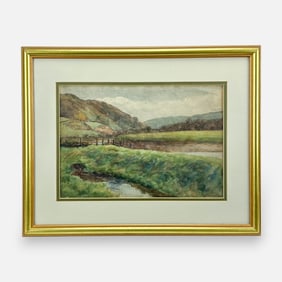 S. H. Southern Pastoral Landscape Watercolor on Paper Framed Painting