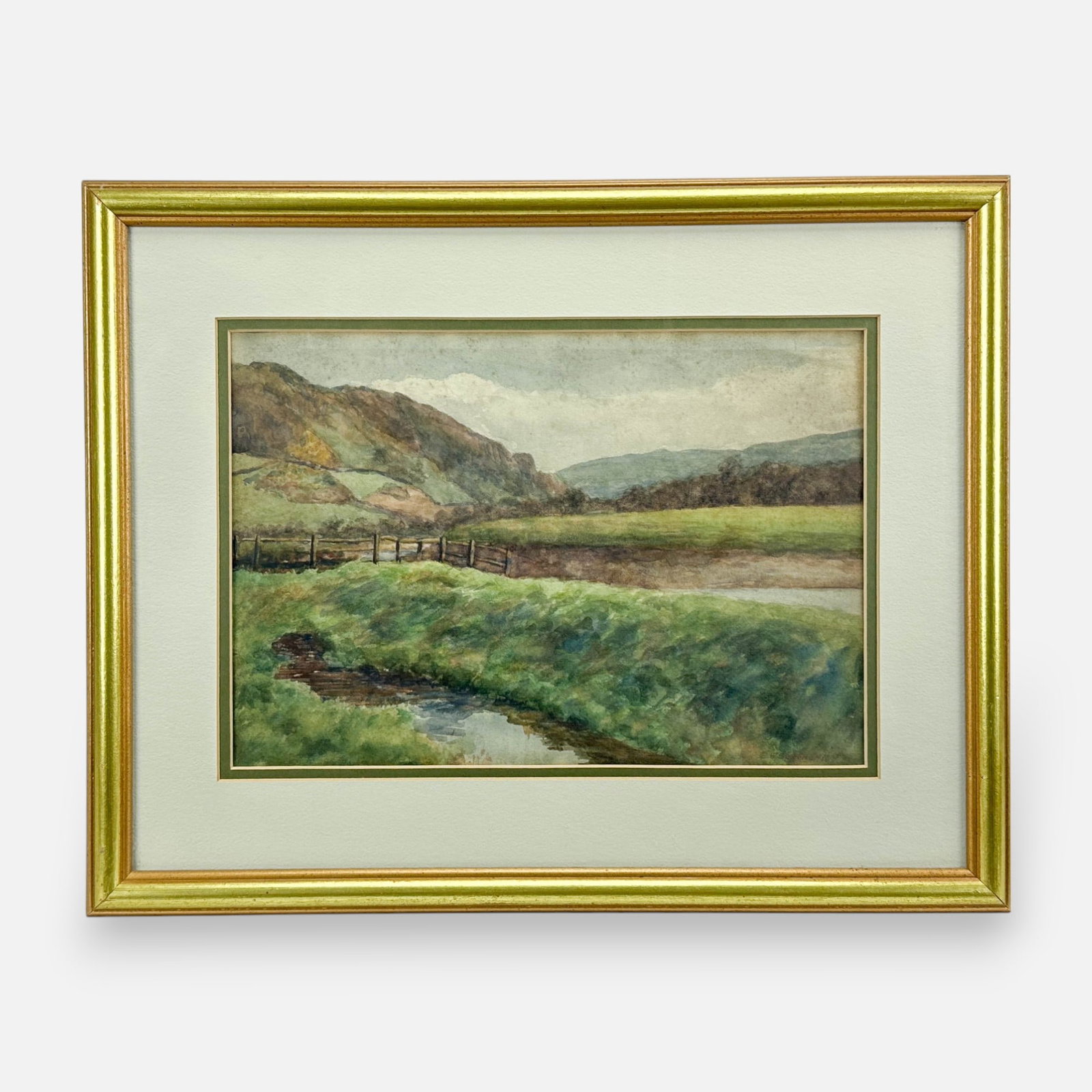 S. H. Southern Pastoral Landscape Watercolor on Paper Framed Painting: Good sight condition, with shown overall toning, significant foxing. Framed, matted, and sealed. Unexamined out of frame. Approx. sight size 9" x 13 1/4". Sticker not included just shown.
