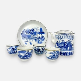 Antique Chinese Qing Blue and White Hand Painted Porcelain Tea Set