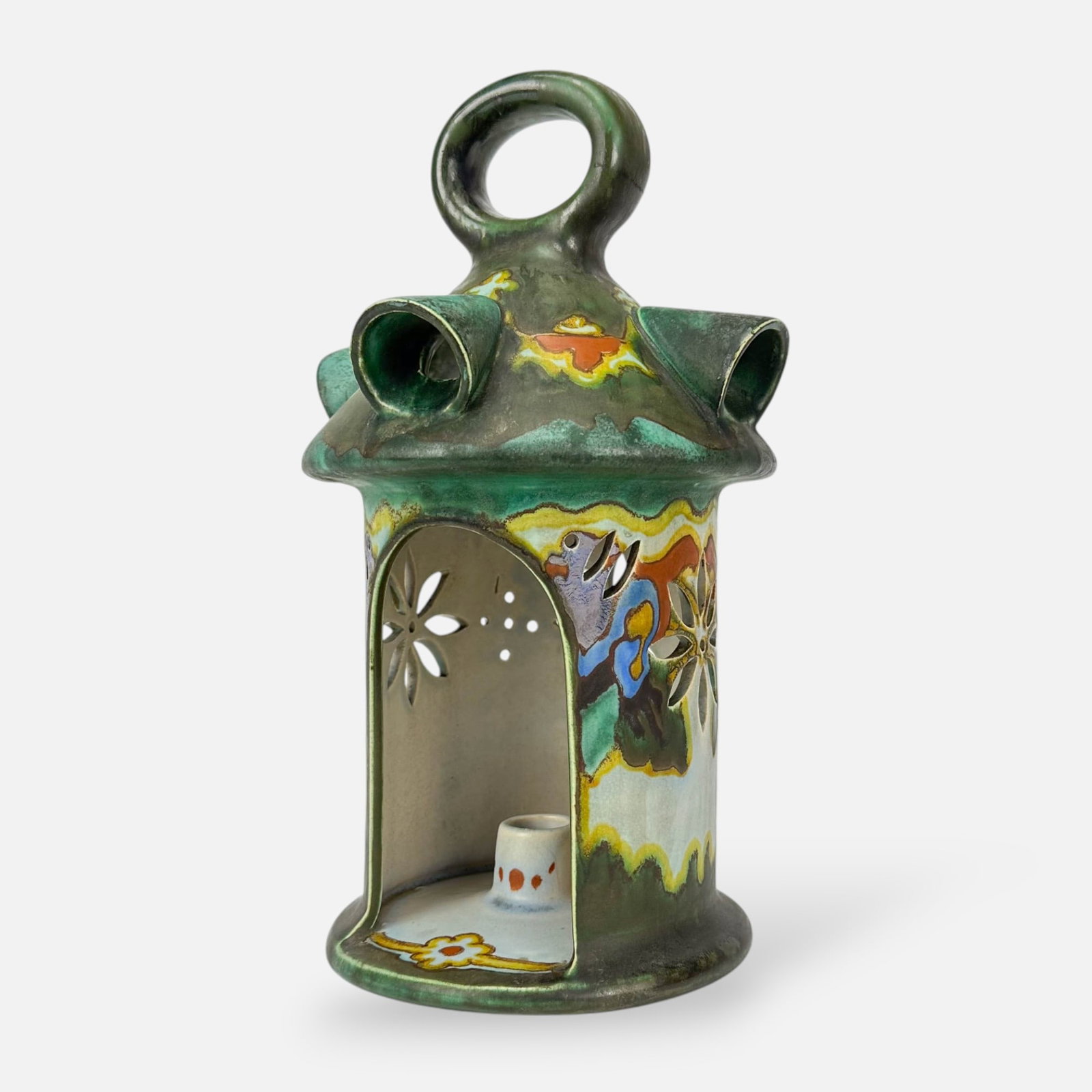 Gouda Zuid Holland Dutch Art Pottery Candle Holder Lantern: Good as shown, with age-appropriate surface wear. Free from any chips, cracks, or repairs.