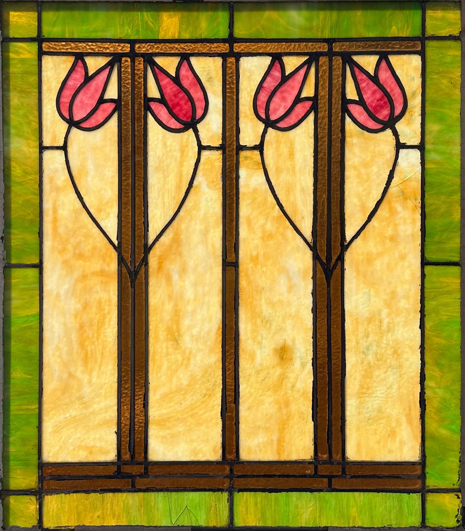 Original Antique Arts & Crafts Four Tulip Leaded Stained Glass Window: Very good as shown, with cracks shown in photos.