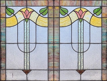Pair Antique Arts & Crafts Tulip Leaded Stained Glass Windows