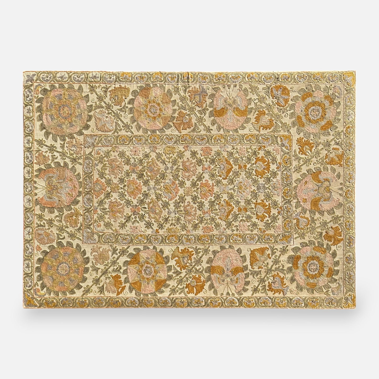 Large Early 20thC Handmade Arts & Crafts English Floral Crewel Fabric Mounted Panel Unique: Ca. first half 20thC. Appears to be a complete fabric panel, with no losses, using cotton yarn on natural linen. The muted colors are likely natural dyes as well. The sight condition is very good, wit