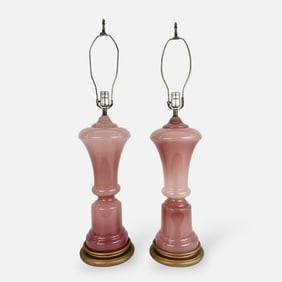 Pair Large Pink Opaque Murano Italian Glass Table Lamps