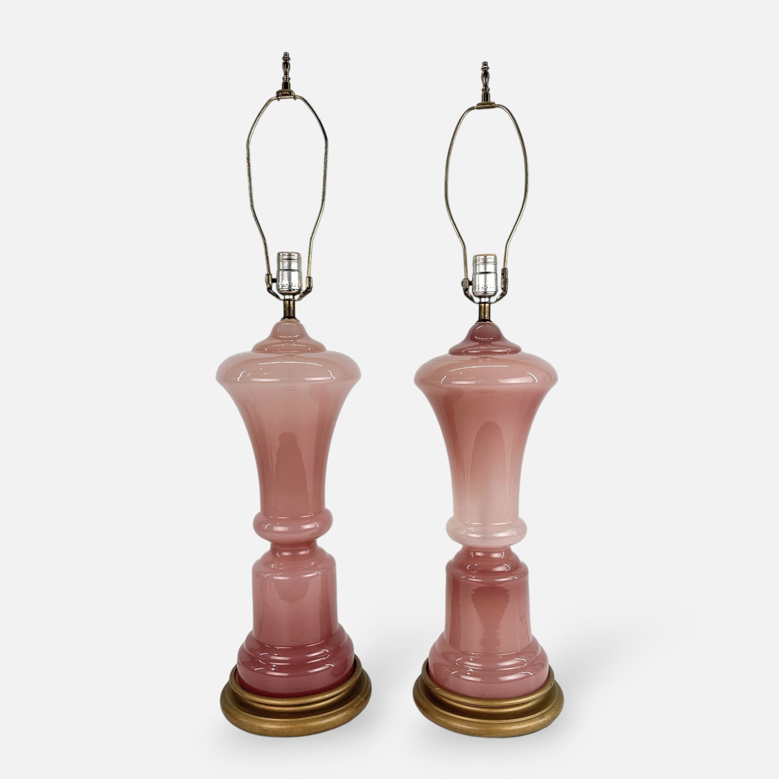 Pair Large Pink Opaque Murano Italian Glass Table Lamps: Ca. mid 20thC. This pair is made of the same type of pink opaque glass used by Italian makers. Good age-appropraite condition. Free from any chips, cracks, or repairs. Untested. Just glass section mea